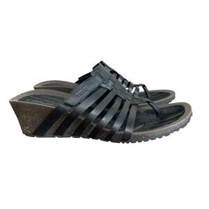 Teva Women’s Cabrillo Black Strappy Leather Cork Wedge Thong Sandals Size 10
